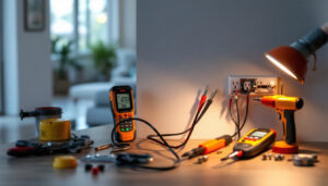 A photograph of a skilled lighting contractor installing a 4 outlet receptacle in a well-lit residential setting
