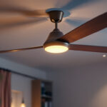 A photograph of a beautifully designed ceiling fan with integrated lighting