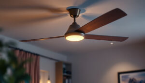A photograph of a beautifully designed ceiling fan with integrated lighting