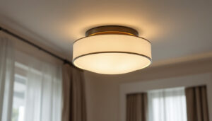 A photograph of a beautifully designed semi flush mount light fixture installed in an elegantly styled room