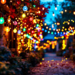 A photograph of a well-lit outdoor setting featuring a beautifully arranged display of led string bulbs