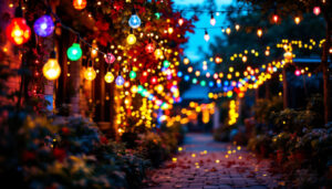 A photograph of a well-lit outdoor setting featuring a beautifully arranged display of led string bulbs