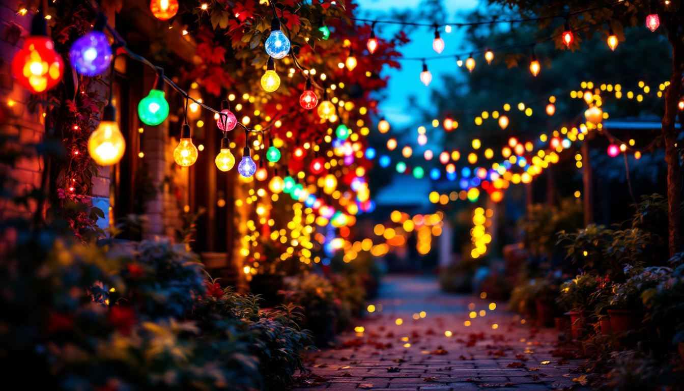 A photograph of a well-lit outdoor setting featuring a beautifully arranged display of led string bulbs