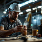 A photograph of a lighting contractor in action