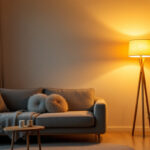 A photograph of a stylish shop floor lamp in a well-lit room setting