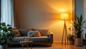 A photograph of a stylish shop floor lamp in a well-lit room setting