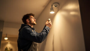A photograph of a lighting contractor expertly installing a recessed lighting conversion kit in a modern home setting