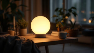 A photograph of a beautifully arranged lighting setup featuring the baselite lighting opal ball in a modern interior space