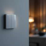 A photograph of a modern push button light switch in a stylish home setting