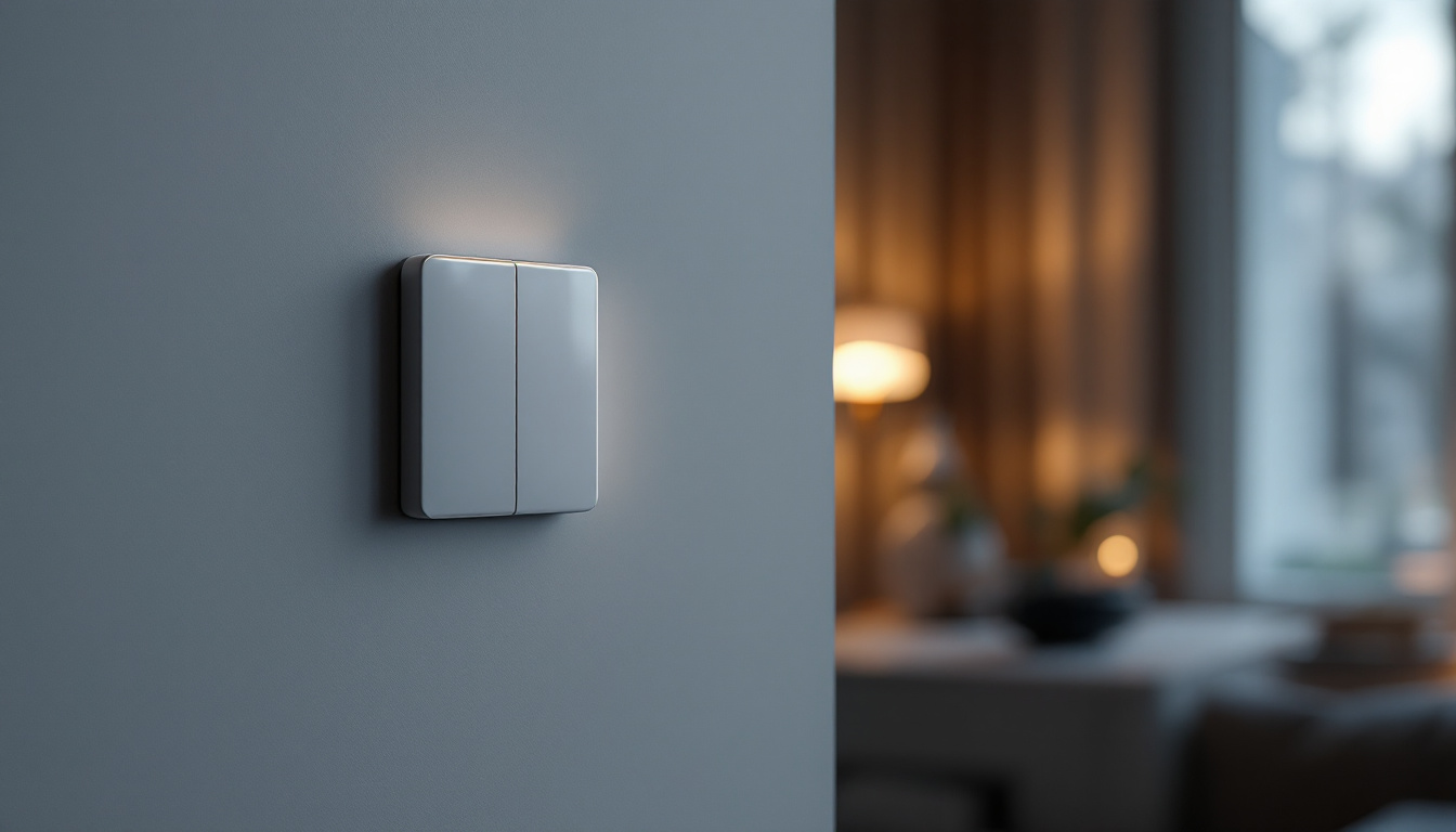 A photograph of a modern push button light switch in a stylish home setting