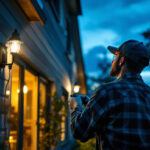 A photograph of a lighting contractor installing or adjusting outdoor flood light bulbs in a residential or commercial setting during twilight