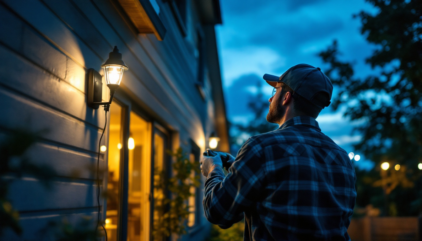 A photograph of a lighting contractor installing or adjusting outdoor flood light bulbs in a residential or commercial setting during twilight