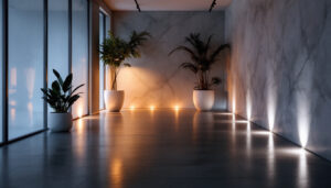A photograph of a beautifully designed interior space featuring stylish floor lighting fixtures that enhance the ambiance