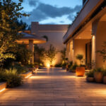 A photograph of a beautifully illuminated outdoor space featuring modern led light fixtures