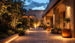 A photograph of a beautifully illuminated outdoor space featuring modern led light fixtures