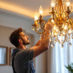 A photograph of a beautifully designed chandelier illuminated in a stylish interior setting