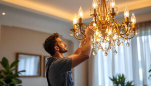 A photograph of a beautifully designed chandelier illuminated in a stylish interior setting