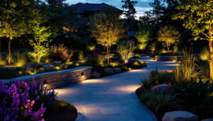 A photograph of a beautifully illuminated outdoor space featuring various landscape lighting designs