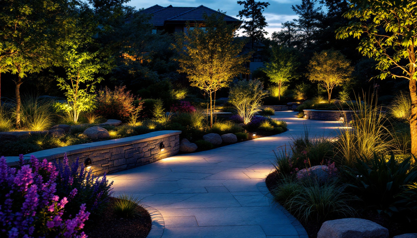 A photograph of a beautifully illuminated outdoor space featuring various landscape lighting designs