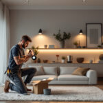 A photograph of a skilled lighting contractor installing retrofit pot lights in a modern home setting