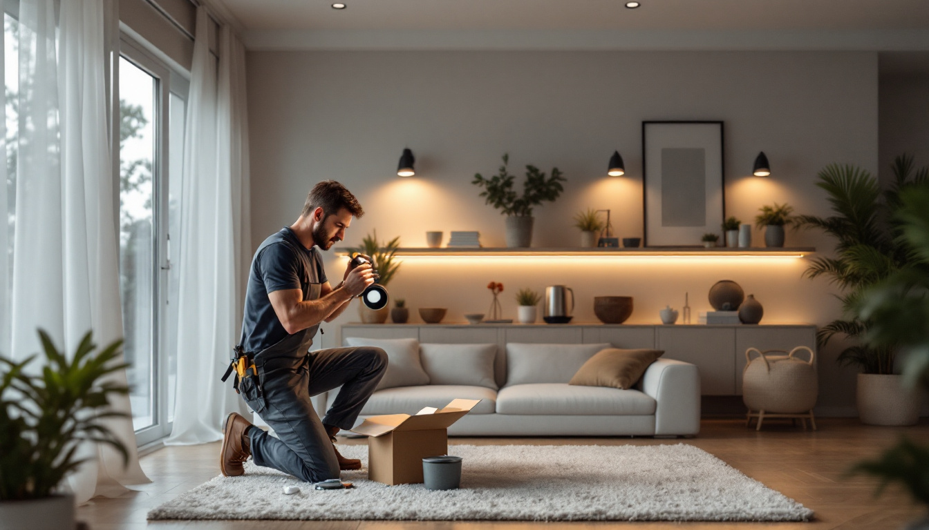 A photograph of a skilled lighting contractor installing retrofit pot lights in a modern home setting
