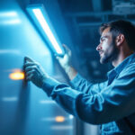 A photograph of a lighting contractor expertly installing a modern led light system in a commercial space
