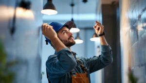 A photograph of a lighting contractor in action