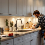 A photograph of a well-lit kitchen featuring puck lights installed under the cabinets