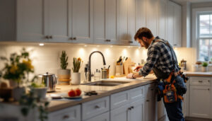 A photograph of a well-lit kitchen featuring puck lights installed under the cabinets