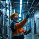 A photograph of a skilled technician demonstrating the installation and adjustment of flush mount 3 phase 480 phase lights in a commercial setting