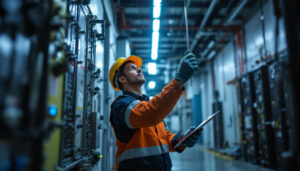 A photograph of a skilled technician demonstrating the installation and adjustment of flush mount 3 phase 480 phase lights in a commercial setting