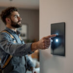 A photograph of a lighting contractor expertly installing a sleek