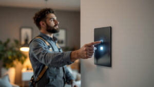 A photograph of a lighting contractor expertly installing a sleek