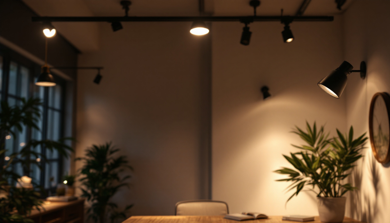 A photograph of a stylish interior space showcasing various types of track lighting in use