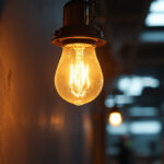 A photograph of a high-pressure sodium bulb illuminated in a commercial lighting setting