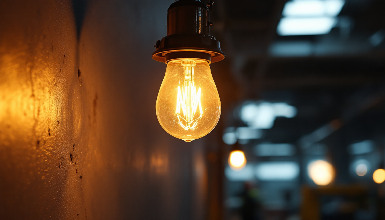 A photograph of a high-pressure sodium bulb illuminated in a commercial lighting setting