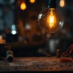 A photograph of a vintage light bulb glowing softly in a dimly lit workshop