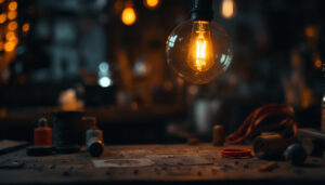 A photograph of a vintage light bulb glowing softly in a dimly lit workshop