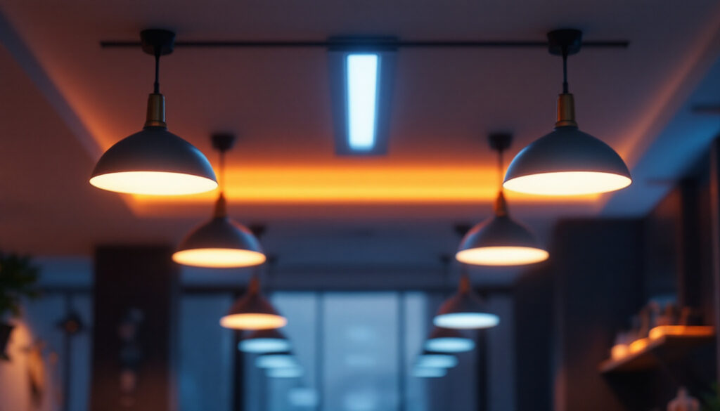 A photograph of a well-lit indoor space featuring modern led overhead lights