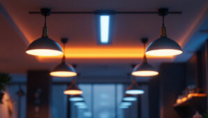 A photograph of a well-lit indoor space featuring modern led overhead lights