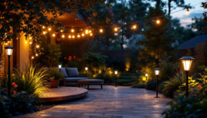 A photograph of a beautifully illuminated outdoor space at dusk