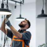 A photograph of a lighting contractor using griplock systems to securely suspend lighting fixtures in a professional setting