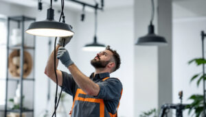 A photograph of a lighting contractor using griplock systems to securely suspend lighting fixtures in a professional setting