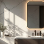 A photograph of a stylish bathroom vanity featuring an elegant vanity light