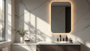 A photograph of a stylish bathroom vanity featuring an elegant vanity light