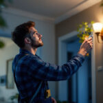 A photograph of a lighting contractor installing or testing emergency lights in a residential setting