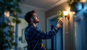A photograph of a lighting contractor installing or testing emergency lights in a residential setting