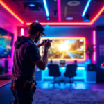 A photograph of a vibrant gameroom featuring led lights in various colors