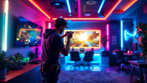 A photograph of a vibrant gameroom featuring led lights in various colors