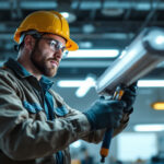 A photograph of a lighting contractor skillfully installing a fluorescent light ballast